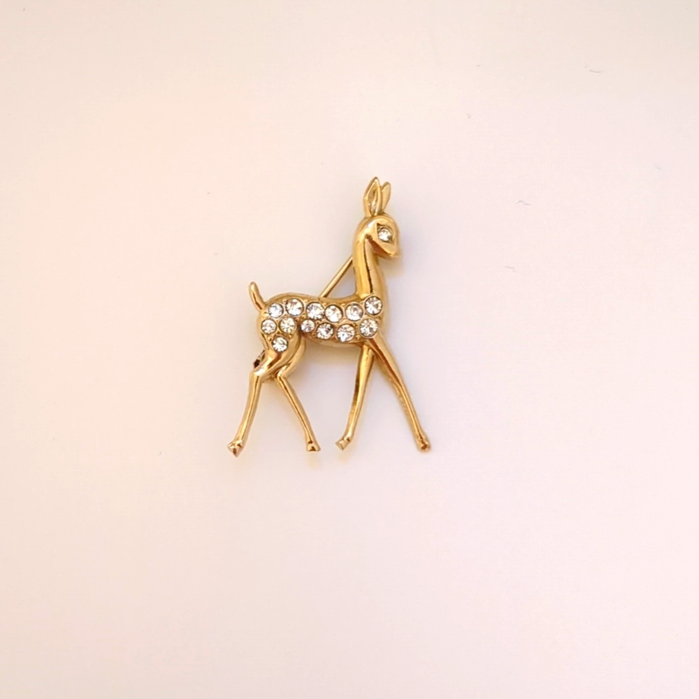 Vintage 1990s Gold and Rhinestone Reindeer Holiday Costume Jewelry Brooch